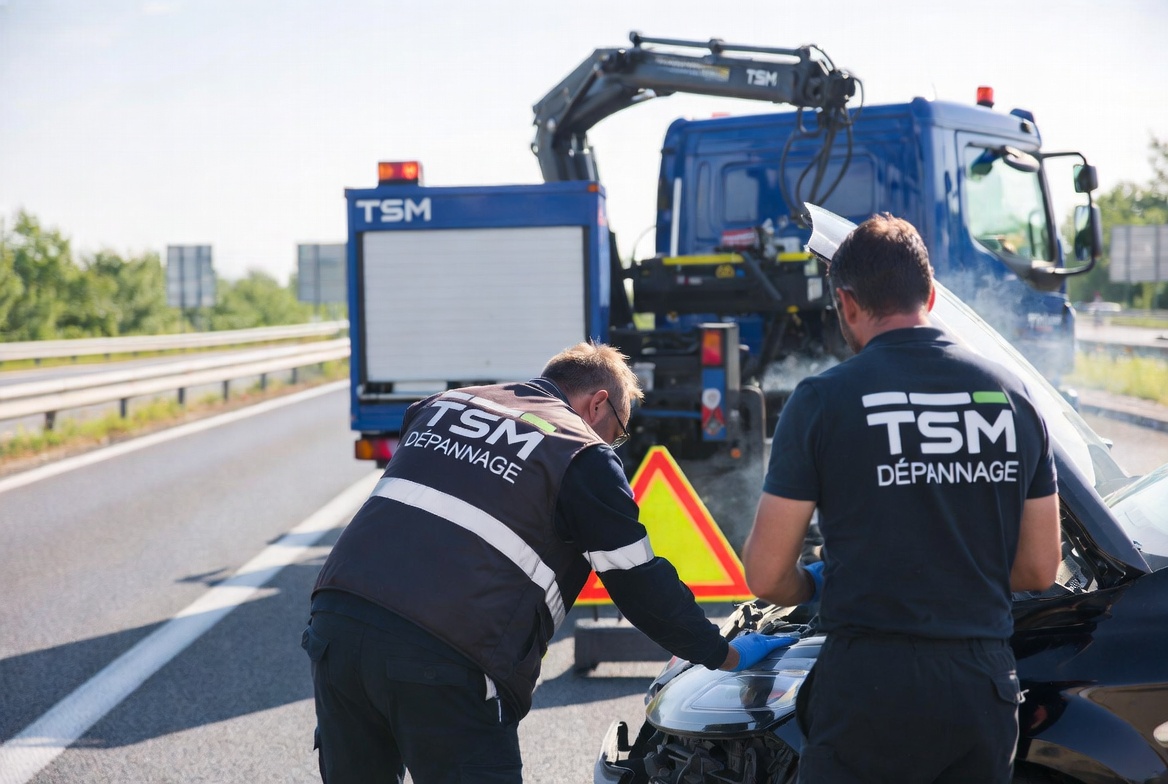 Deux dépanneurs TSM intervenant sur une voiture en panne
