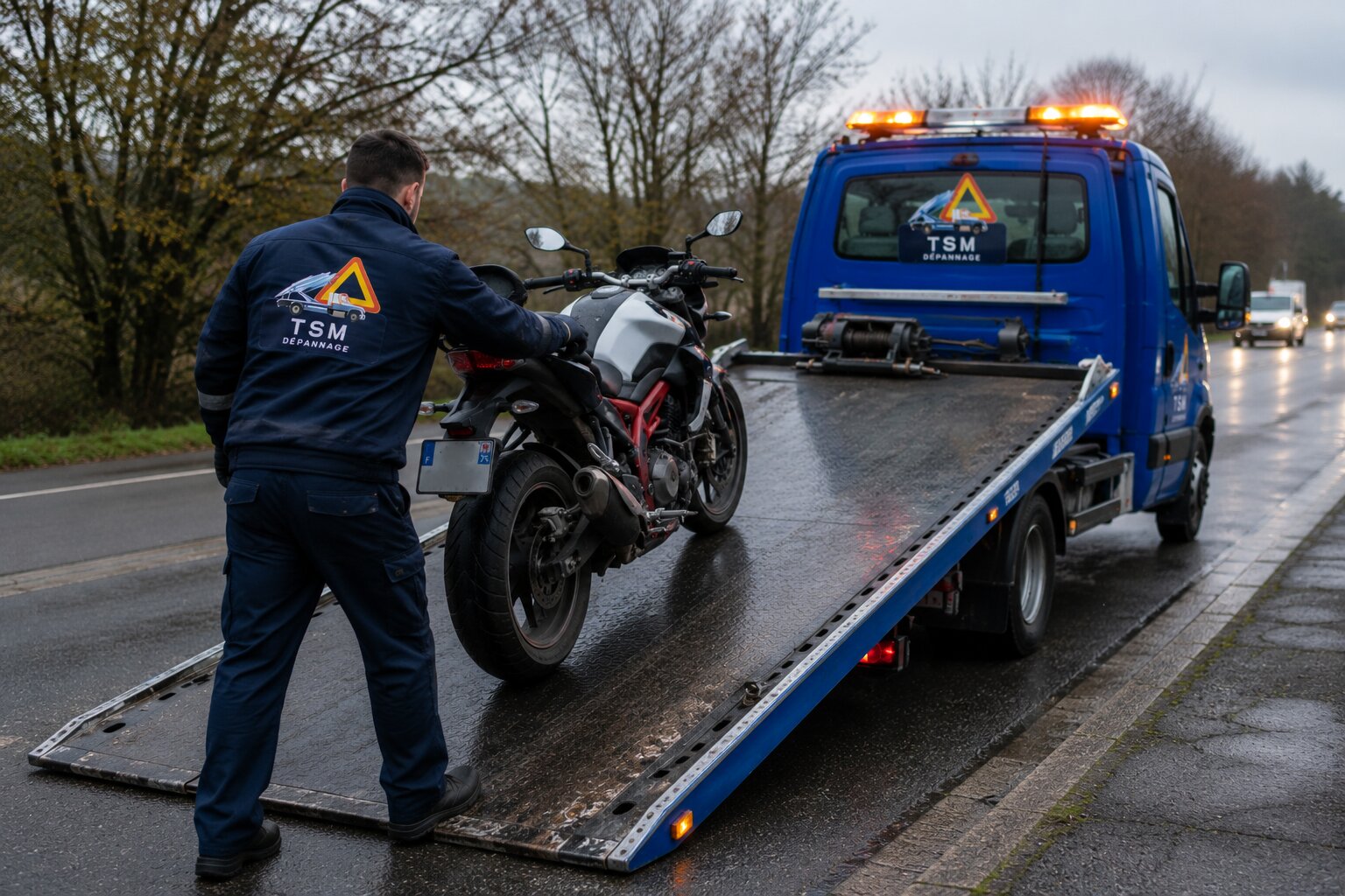 Chargement d'une moto sportive sur plateau TSM sous la pluie