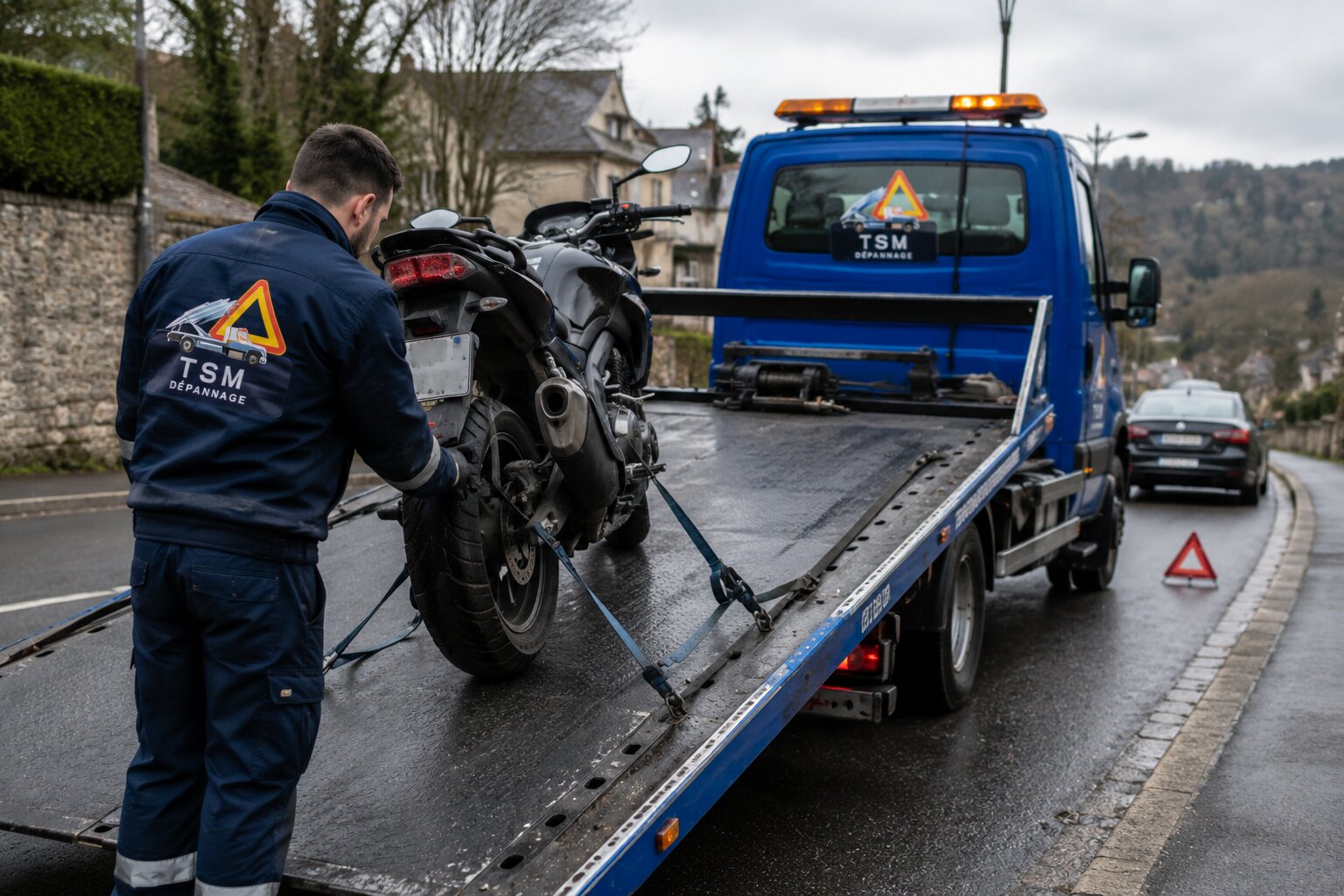 Remorquage d'une moto sur plateau TSM en ville d'Île-de-France