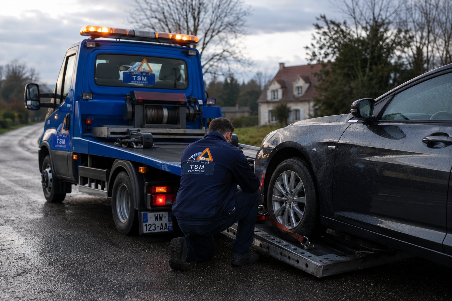 Camion plateau TSM chargeant une berline grise au crépuscule